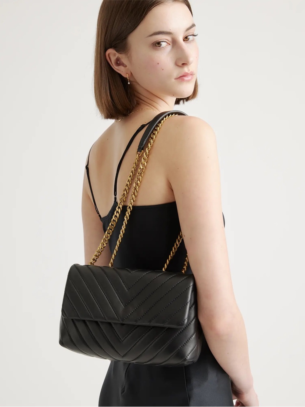 Quince Black Quilted convertible Crossbody Bag with Gold Chain - Picture 11 of 14